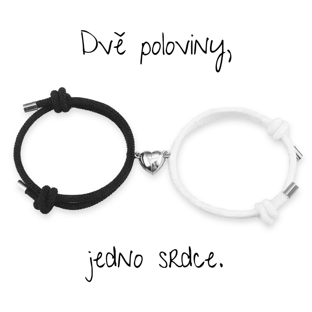 Náramek pro zamilované a přátele - černý bílý pro páry s magnetickým srdcem stříbrným