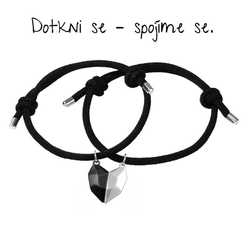 Černý párový náramek s geometrickým magnetickým srdcem 2×2 cm